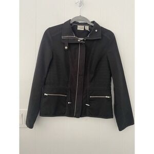 Chico's Black Moto Style Jacket Contrast Stitching & Zipper Details Size 0 (4-6)